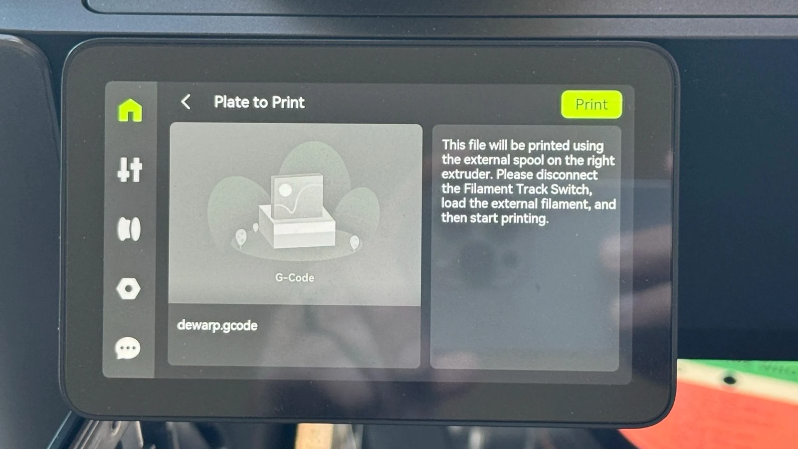 The printer's Plate to Print screen showing dewarp.gcode